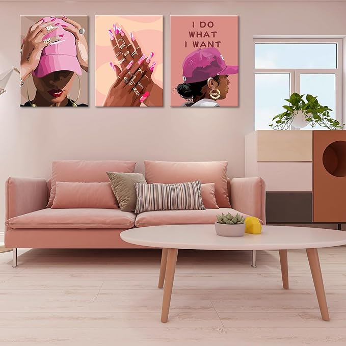 Black Girl Canvas Wall Art pink trend American Black Woman Posters Prints Wall Decor Pictures for Home Living Room Bedroom study Decoration,Framed16 x 24inches X3piece