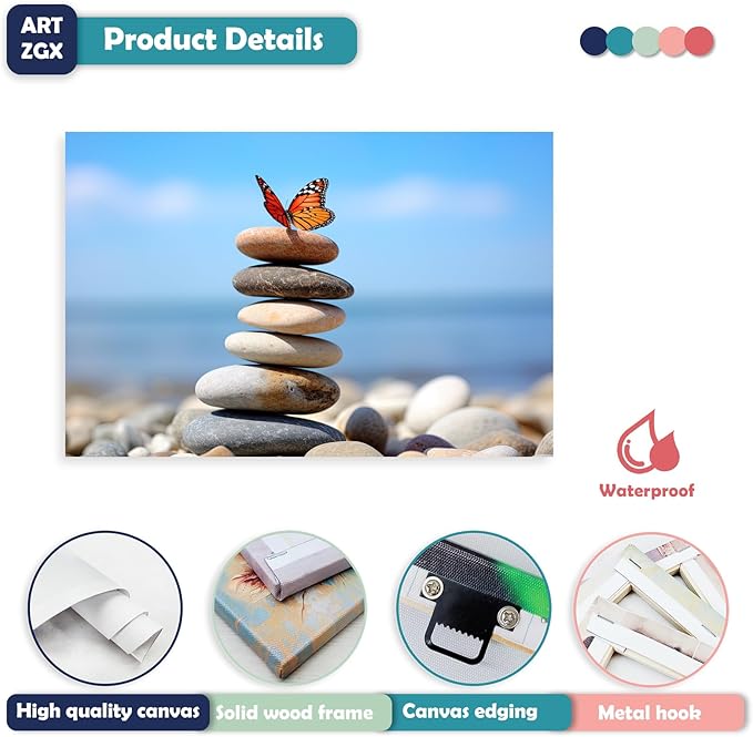 ARTZGX Zen Stone Wall Art Canvas Spa Bathroom Pictures Butterfly Print Meditation Still Life Painting for Yoga Room Decor Frame(Zen - D 28.00" x 42.00")