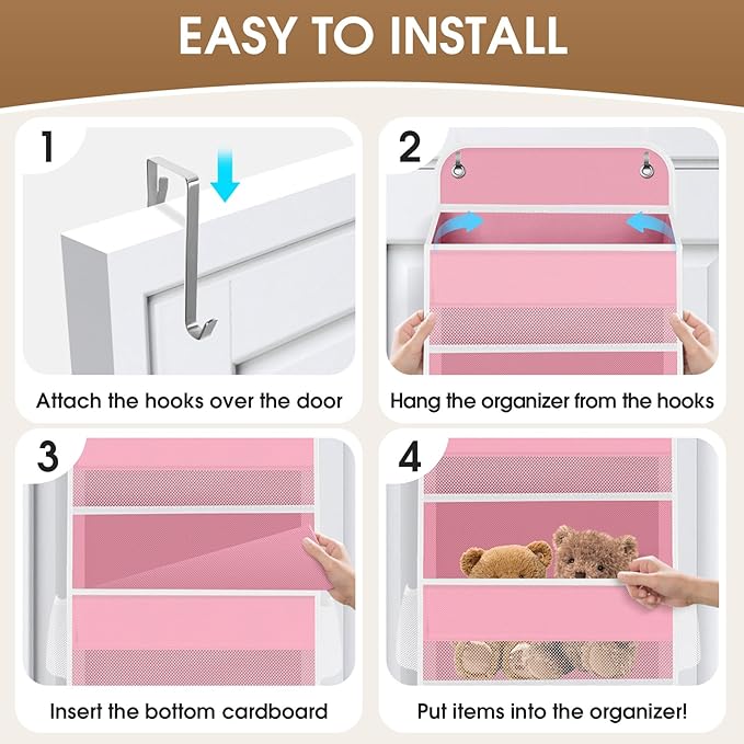 6-Tier Over The Door Organizer Hanging Storage Organizers with Clear Window 40lb Large Capacity Room Organizer for Pantry Bathroom Nursery Closet(Pink)