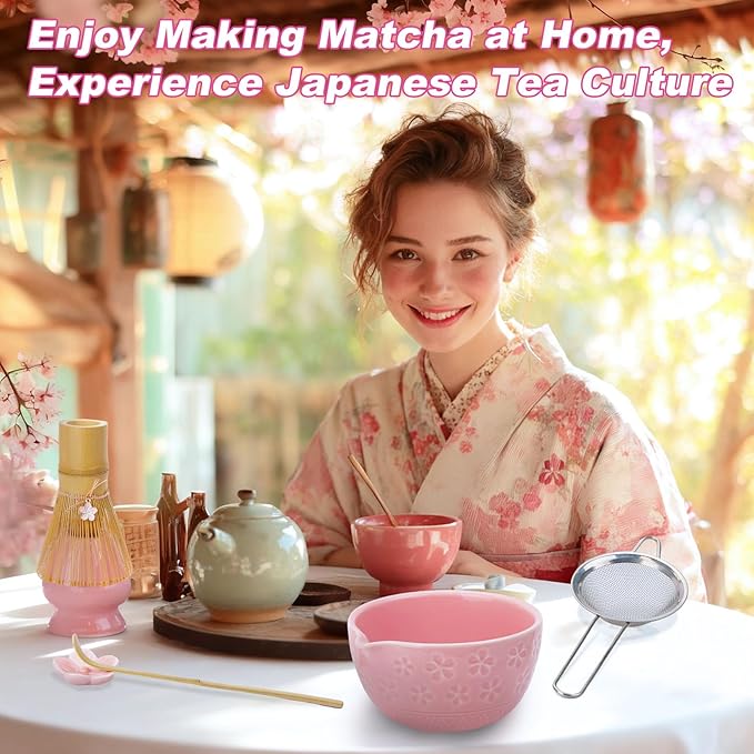 7 Pcs Matcha Whisk Kit, Cherry Blossom Matcha Set for Beginners and Enthusiasts with Bowl, Whisk and Holder, Bamboo Scoop, Scoop Rest, Sifter, and Towel, Perfect as a Gift