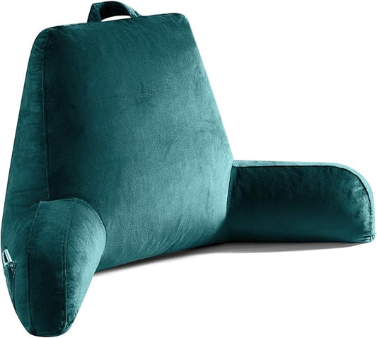 Reading Pillow for Sitting in Bed Adult, Reading Pillow with Shredded Memory Foam, Bed Pillow with Washable Cover, Back Pillow Sitting Up with Extend Arms, Prussian Blue, X-Large