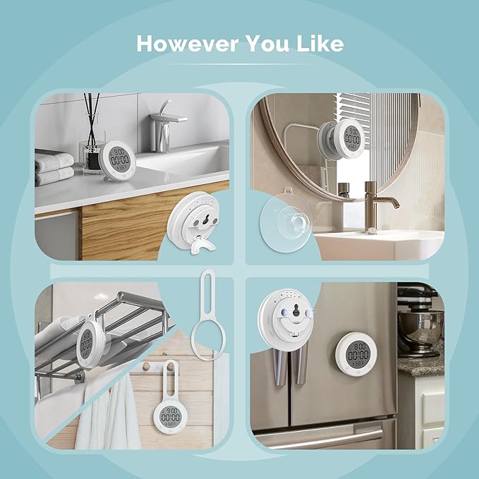 KADAMS Shower Clock Waterproof Bathroom Timer – Digital Wall Clock with Countup & Countdown, Magnetic Kitchen Clock with Temperature, Suction Cup for Kids Shower Spa Sauna Cook Bath, White