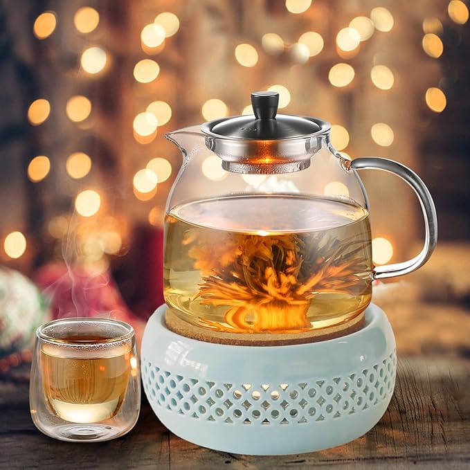 Teapot Warmer, Ceramic Teapot Heater with Cork Cushion Coffee Tea Warmer for Glass, Stainless Steel, Ceramic Teapot and Other Heatproof Dish Warming Use, Blue