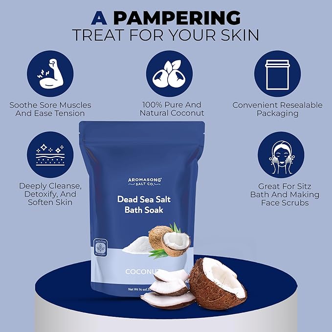 Aromasong Dead Sea Salt - Fine Grain Spa Bath Salt Coconut Scent 14 Oz – 100% Pure & Natural - Soak for Women & Men