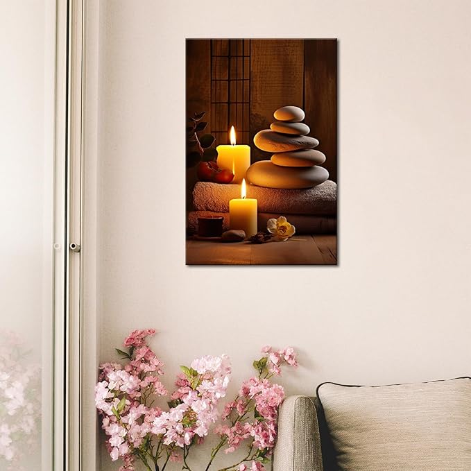 GLOKAKA Zen Spa Wall Art Meditation Room Wall Decor Massage Stones with Atmospheric Candles Relax/Calm Canvas Print Artwork for Living Room, Bedroom, Bathroom Decor