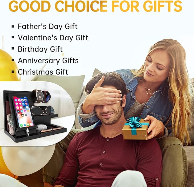Mens Gifts Ideas Nightstand Organizer for Men Wood Phone Docking Station for Dad Father Boyfriend Husband Grandpa Birthday Gift for Mens Christmas Day Presents