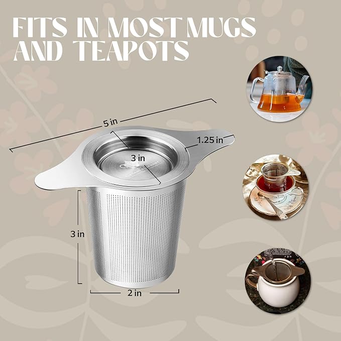 Fine Mesh Loose Tea Infuser −18/8 Stainless Steel, Large Capacity, Wide Double Handles−Fits Cups, Mugs, Small Teapots−Loose Leaf Tea Brew Basket, Steeper & Strainer −The Elegant Elephant