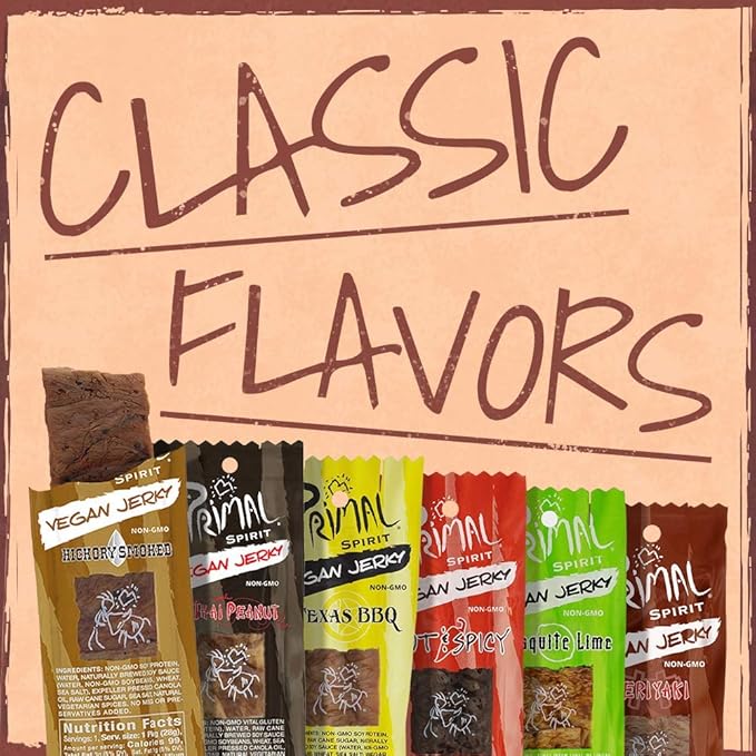 Primal Spirit Vegan Jerky – “Classic Flavor” – Hickory Smoked, 10 g. Plant Based Protein per oz., Certified Non-GMO, No Preservatives, Sports Friendly Packaging (18 Pack, 1 oz. ea.)