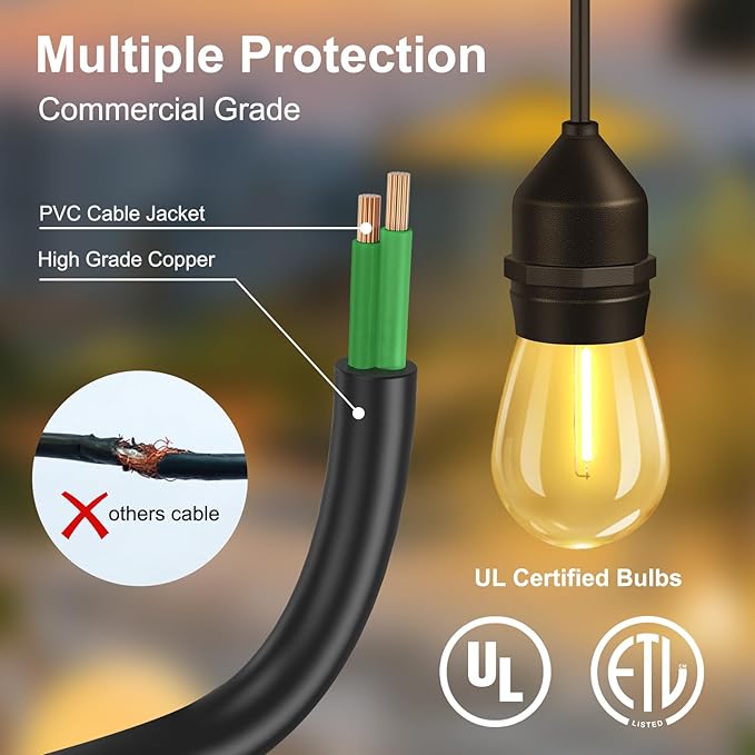 50FT LED Outdoor String Lights with 15+2 Shatterproof Bulbs, IP65 Waterproof, Commercial Grade Patio String Lights for Outside Porch Backyard Garden Deck Decor, 2700K Dimmable