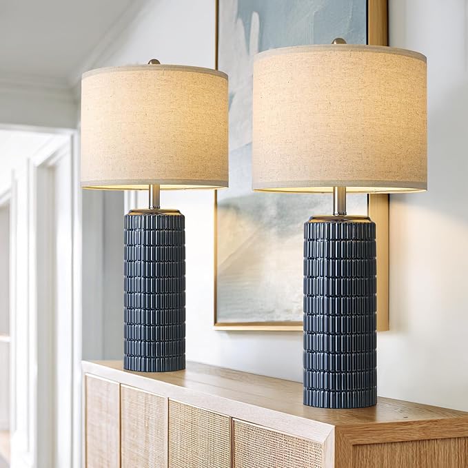 PoKat 27.5'' Tall Table Lamps for Living Room Set of 2, Ceramic Bedroom Lamps for Night Stands, Modern Bedside Lamps for Bedroom Living Room, Nightstand Lamps for Side End Table Hallway, Blue