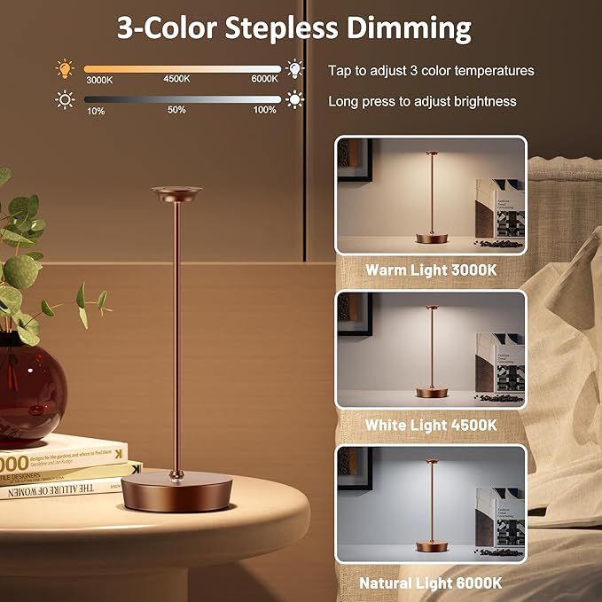 YHT Cordless LED Table Lamp Set of 2, Outdoor Portable LED Table Lamp, Dimming 6000mAh Battery Waterproof Table Light for Restaurant, Patio, Dinner, Bedroom (Coffee)