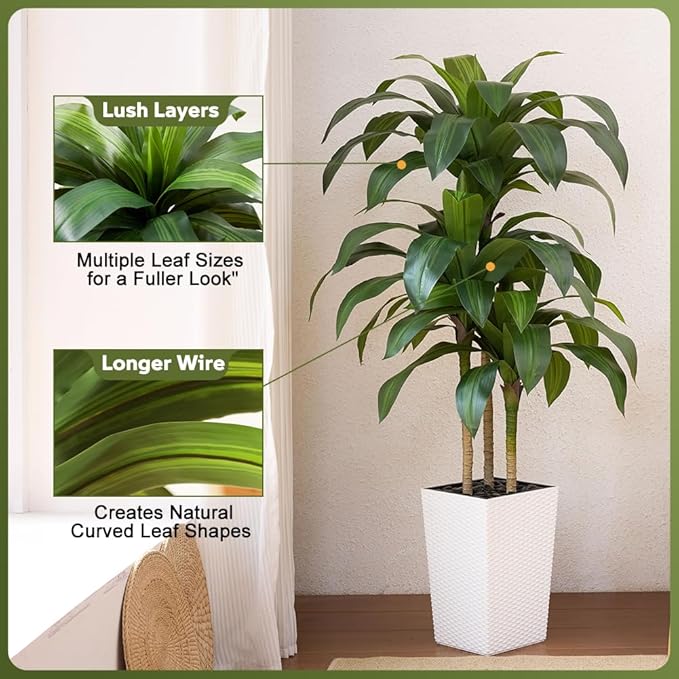 Artificial Dracaena Tree 5FT - Fake Tree with White Taper Planter & Pebbles - UV Resistant Faux Yucca Tropical Plant - Artificial Trees for Home Office Living Room Decor Indoor Outdoor