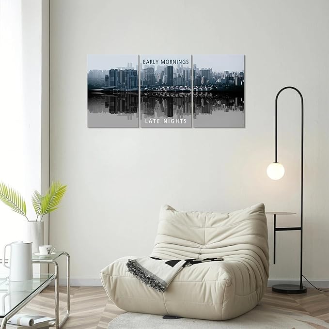 KAWAHONE Inspirational Wall Art -Motivational Quote Black and White Wall Art-City Night Scenes Modern Cityscape Building Artwork Decor for Home Office Bathroom Bedroom Kitchen Classroom Gym