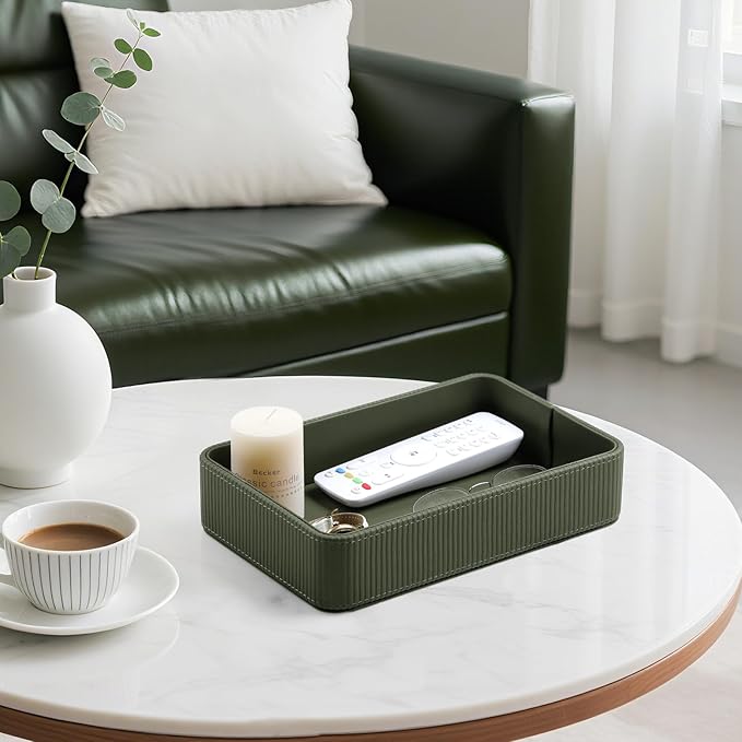 PU Leather Valet Tray Organizer, Modern Nightstand Organizer Bedside Desktop Storage for Womens and Men, Decorative Perfume Trinket Catchall Vanity Tray for Key Watch Wallet (Green)