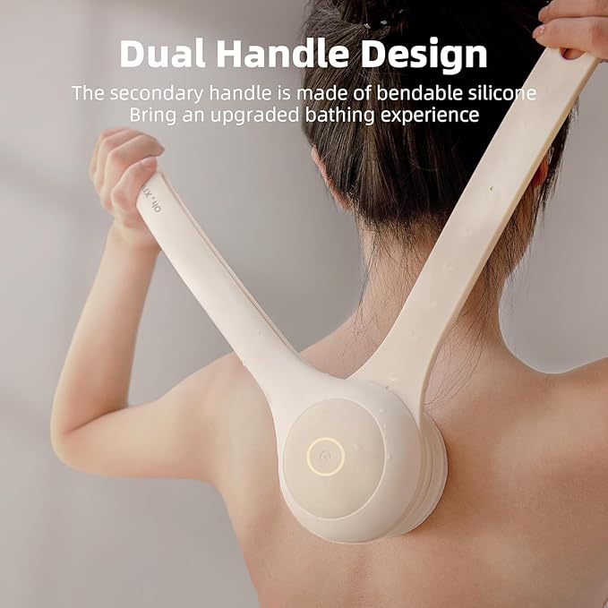 Electric Body Brush Back Scrubber for Shower, Waterproof Long Dual Handle Power Body Scrubber with 3 Heads, Rechargeable Bath Brush & 2 Speeds, for Cleansing, Exfoliating and Massaging Skin