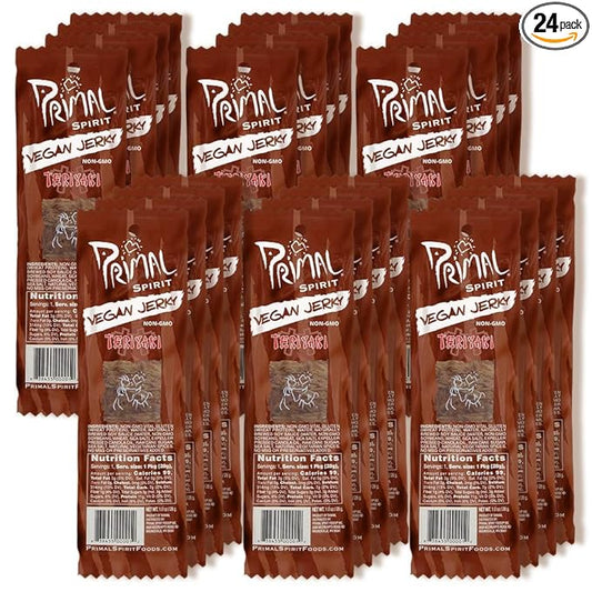 Primal Spirit Vegan Jerky – “Classic Flavor” – Teriyaki, 10 g. Plant Based Protein, Certified Non-GMO, No Preservatives, Sports Friendly Packaging (24 Pack, 1 oz)