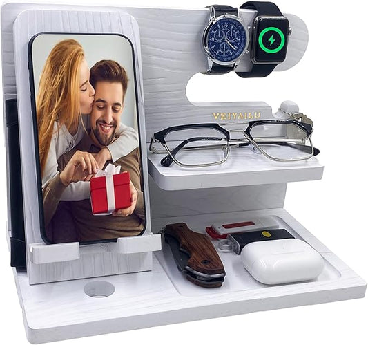 Gifts for Women Girlfriend Men Him Husband Boyfriend Son Boss Wood Phone Docking Station Nightstand Organizer Anniversary Birthday Gifts (White)