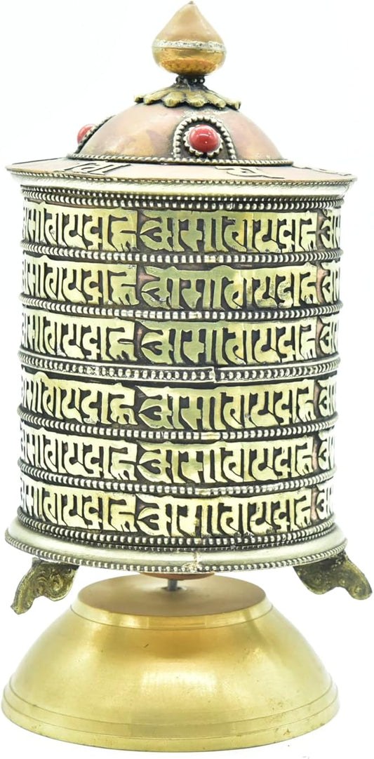 8 Inch Table Top Copper Brass Tibetan Buddhist 6 Line Matra Om mani padme hum Symbols Prayer Wheel