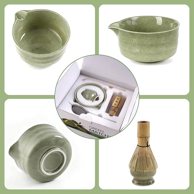 Matcha Whisk Set, Matcha Kit Japanese Tea Set Includes Matcha Bowl with Spout, Matcha Whisk Holder (Chasen), Bamboo Matcha Whisk and Bamboo Scoop, Ceramic Matcha Kit for Tea Lovers