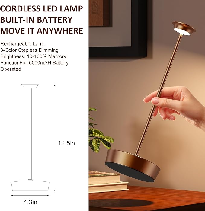 YHT Cordless LED Table Lamp Set of 2, Outdoor Portable LED Table Lamp, Dimming 6000mAh Battery Waterproof Table Light for Restaurant, Patio, Dinner, Bedroom (Coffee)