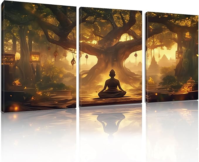WithHope 3 Piece Buddha Canvas Wall Art, Buddha Home Decor, Buddhist Decorations, Zen Canvas Wall Art, Tree of Life Artwork, Zen Decorations, Modern Painting, Living Room Decor (16" x 24" x 3 pcs)
