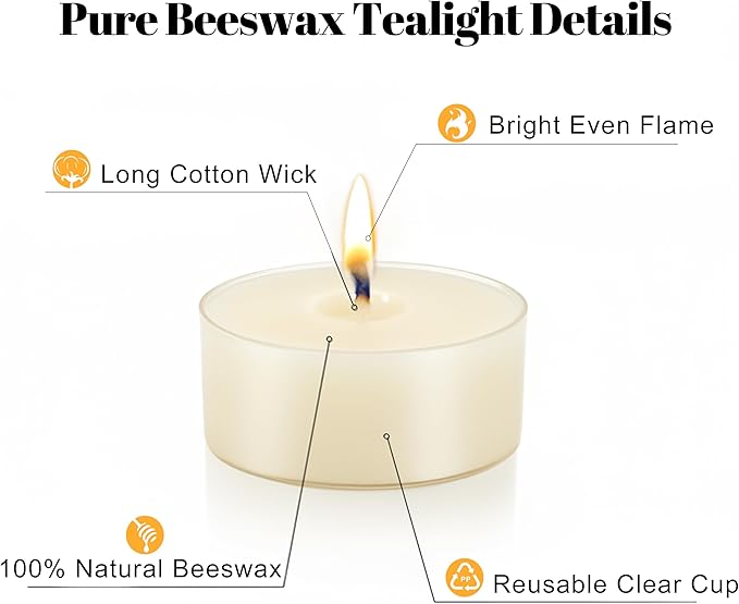 Natural Beeswax Tealight Candles White, 16 Packs, Pure Beeswax Tea Candles in Clear Cup, Organic Ivory Small Tea Light Candles with 4 Hours Clean Burn Time, Soy, Paraffin, & Fragrance Free