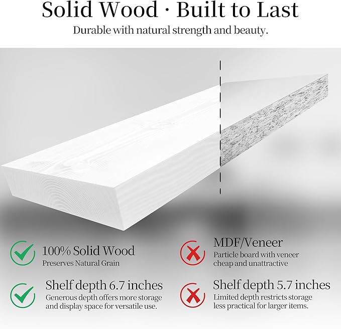 BGMG Wood Floating Shelves 16 inch Set of 2, Rustic Wooden Wall Mount Shelves for Bathroom Living Room Bedroom Kitchen Farmhouse -16x 6.7 x1.25 inch- White