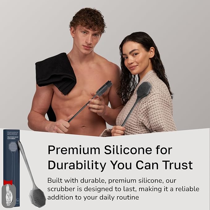 Silicone Back Scrubber with Long Handle - Octagon Body Brush for Shower, Bath, and Exfoliating - Skin Cleansing, Back Scrub and Gentle Silicone Sponge - Wash Your Body with Easy Reach - Silver