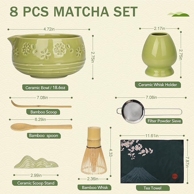 Matcha Whisk Set, Ceramic Bowl with Spout, Bamboo Matcha Whisk & Spoon, Chasen Holder, Scoop Rest, Sifter, 8-Pcs Japanese Matcha Powder Kit–Gift for Ceremony & Matcha Lovers-Matcha Green