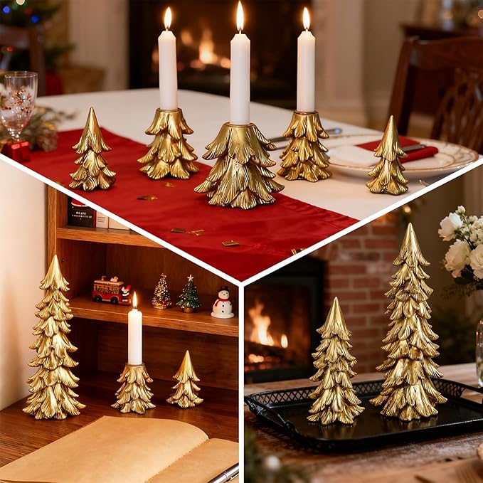 Christmas Table Decorations, Vintage Xmas Golden Resin Tree Candle Holders Set, Combined into Golden Tabletop Pine Tree for Holiday Wedding Party Mantle Fireplace Dining Room Centerpieces