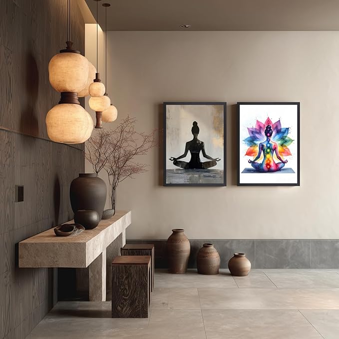 GELDSTEI Wood Framed Zen Wall Art, Chakra Yoga Wall Decor, Colorful Meditation Poster Print, Spiritual Canvas Painting, Vibrant Meditating Woman Aesthetic Picture for Living Room Yoga Studio 16"x24"