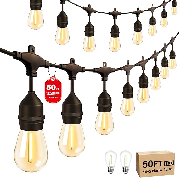 50FT LED Outdoor String Lights with 15+2 Shatterproof Bulbs, IP65 Waterproof, Commercial Grade Patio String Lights for Outside Porch Backyard Garden Deck Decor, 2700K Dimmable