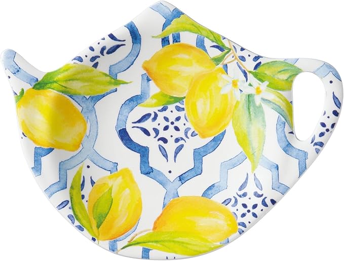 Supreme Housewares Lovely Lemon Tea Bag Holders, Teapot Shaped Tea Bag Coasters Spoon Rests Saucer Seasoning Dish Set, Blue and Yellow, 4 x 3 Inch, Set of 4