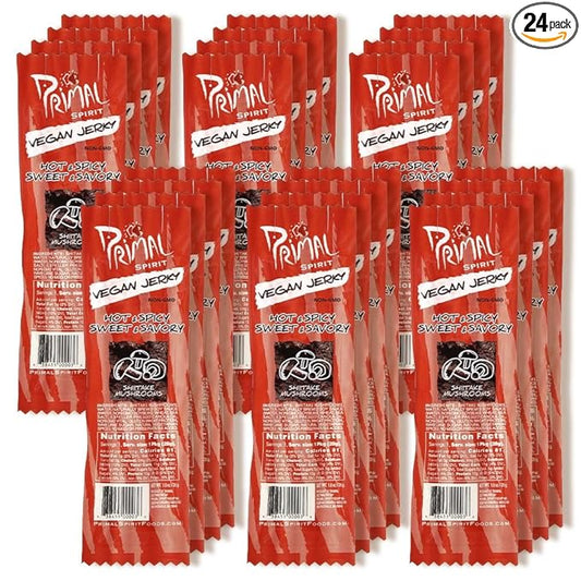 Primal Spirit Vegan Jerky “SHIITAKE MUSHROOM” – “Classic Flavor” – Hot & Spicy-Sweet & Savory, 10 g. Plant Based Protein, Certified Non-GMO, No Preservatives, Sports Friendly Packaging (24 Pack, 1 oz)
