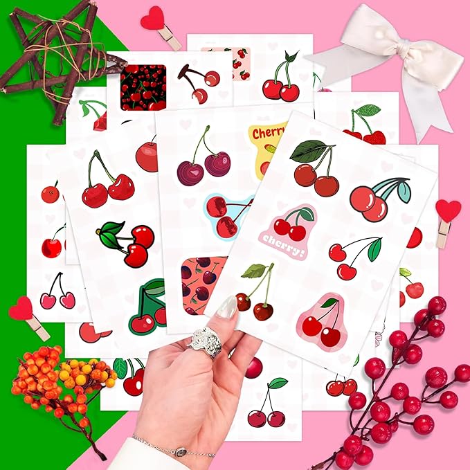 BulbaCraft Cherry Stickers for Water Bottle and Laptop - Fruit Party Favors & Decorations, Waterproof Vinyl Nature Decals, Cute Cherry Stickers Laptop Decals, Gifts for Women & Men