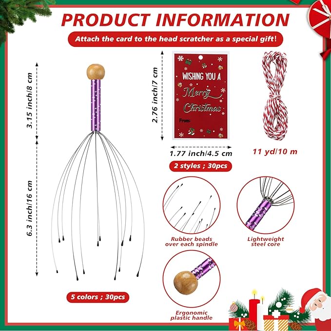 Soaoo 30 Pcs Christmas Head Massager Scalp Massager Bulk with Inspirational Christmas Cards Handheld Steel Wire Head Scratcher for Body Office Home Spa Stress Relief Relaxation Women Men Gift(Cute)