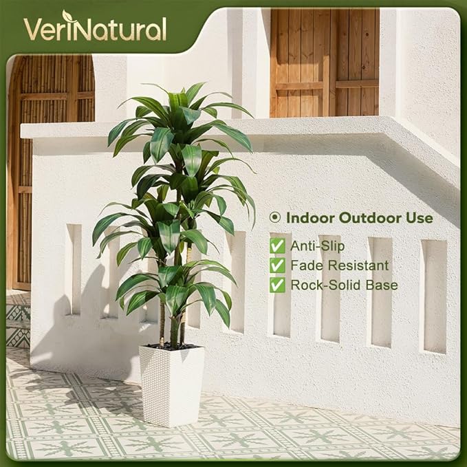 Artificial Dracaena Tree 6FT - Fake Tree with White Taper Planter & Pebbles - UV Resistant Faux Yucca Tropical Plant - Artificial Trees for Home Office Living Room Decor Indoor Outdoor