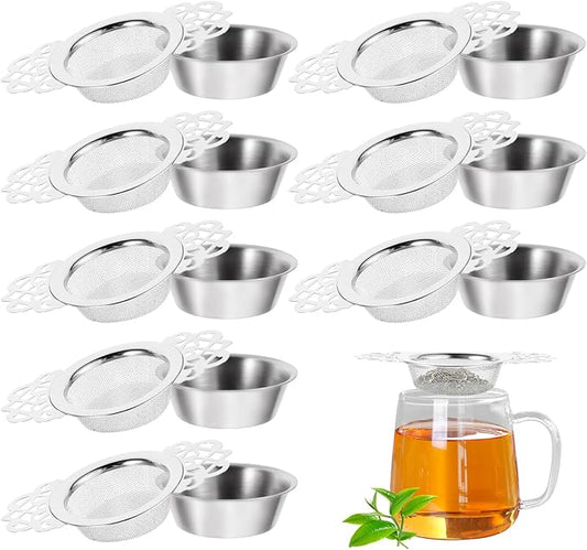 8 Pack Mesh Tea Filter Strainers, Stainless Metal Tea Infuser With Petal Handles and Drip Bowl Tea Steeper for Loose Tea