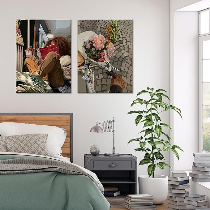 Modern African American Women Wall Art Set of 2,Cozy Reading & Bike Ride with Flowers Painting Canvas Prints,black woman Vintage Aesthetic Poster for Living Room, Bedroom, Office， Framed 16X24in