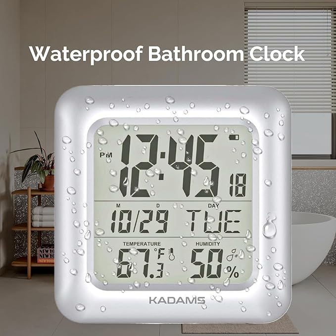 KADAMS Bathroom Clock 9.5" Kitchen Wall Clock with Large LCD Screen – Shower Clock with Suction Cup,Temperature, Humidity, Calendar – Water-Resistant, 4 Mounting Options, Silver