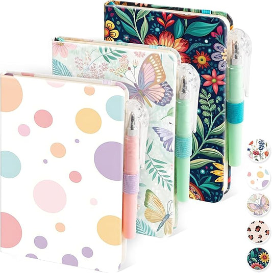 (3 Pack) Aesthetic Small Journal Notebook, A6 (3.7" x 5.7") Mini Pocket Notebook with Pen, 100GSM Lined Paper, Cute Small Journal for Kids/Girls/Women, Colorful Bubbles Butterfly Floral