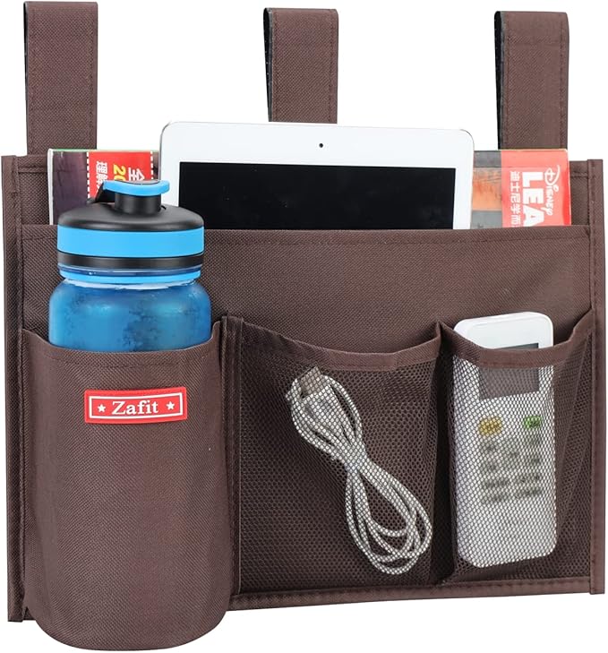 Hanging Bedside Caddy, Bedside Storage Organizer for Magazine, Phone, Remote control (4 Pockets-Coffee)