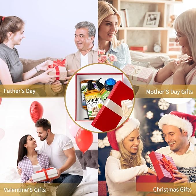 3 Pack Massage Oil for Massage Therapy,Sore Muscle Arnica Oil & Relaxing Lavender Oil & Ginger Oil Lymphatic Drainage & Massage Ball,Spa Massage Kit Christmas Gifts Stocking Stuffers for Men Women