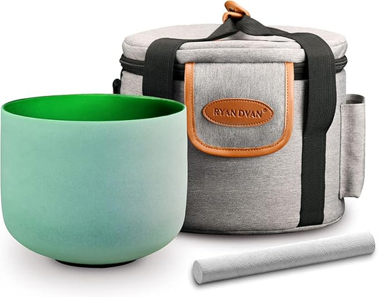 RYAN DVAN 432 hz 8” F Note Green Frosted Heart Chakra Crystal Singing Bowl with Free Heavy-Duty Carrying Case and Suede Striker O-Ring