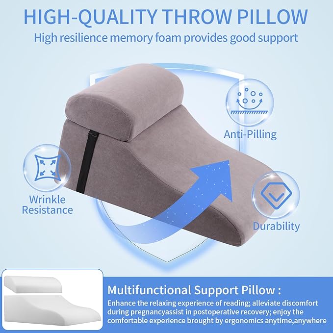 Reading Pillow for Bed Adult, Memory Foam Wedge Pillow Headboard with Adjustable Lumbar Support Backrest Cushion for Sitting in Bed/Resting/Bedrest, Couch or Floor, Gray