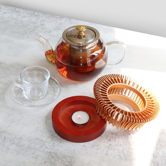 Tea Warmer with Magnolia Flower Design, JUKFITA Golden Aluminum Alloy & Wood Teapot Warmer, Short