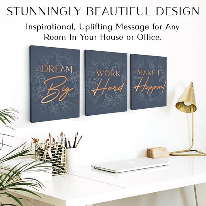 Inspirational Wall Décor for Office, Bedroom, Living Room - 3pc Motivational Poster Set - Framed Canvas - 12.5 x 15 Inch Wall Art