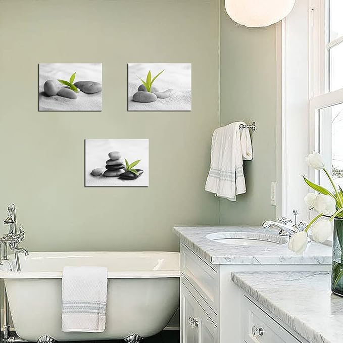 Biuteawal 3 Piece Zen Canvas Wall Art for Bathroom Decor Zen Stone with Green Plant Picture Print Peaceful Still Life Artwork Painting Modern Home Bedroom Meditation Room Spa Room Decoration
