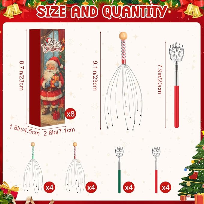 16 Pcs Head Massager and Back Scratcher with Christmas Gift Box, Scalp Massager Extendable Back Scratcher Tool for Body Relax Stress Relief Stocking Stuffers for Men Women(Snowflake)