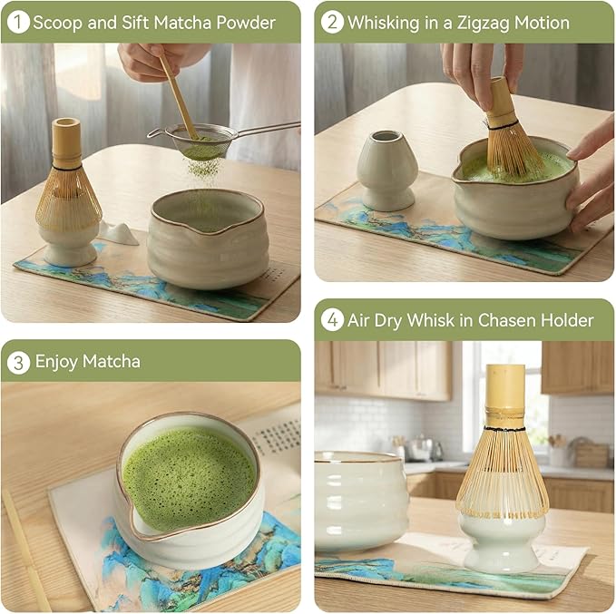 Matcha Whisk Set, Ceramic Matcha Set Includes Matcha Bowl, Matcha Whisk Chasen and Whisk Holder, Sifter, Bamboo Scoop, Scoop Rest and Tea Towel-7 Pcs Matcha Kit for Matcha Lovers, Misty Gray